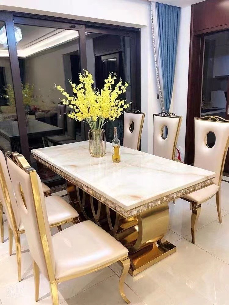 luxury home hotel furniture marble top gold metal stainless steel frame base travertine dining tables with 6 chairs