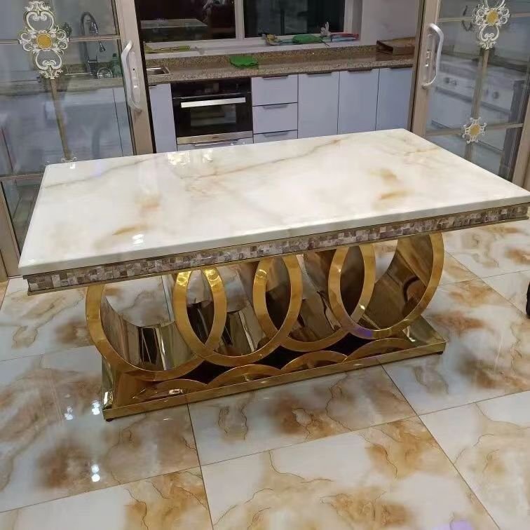 luxury home hotel furniture marble top gold metal stainless steel frame base travertine dining tables with 6 chairs