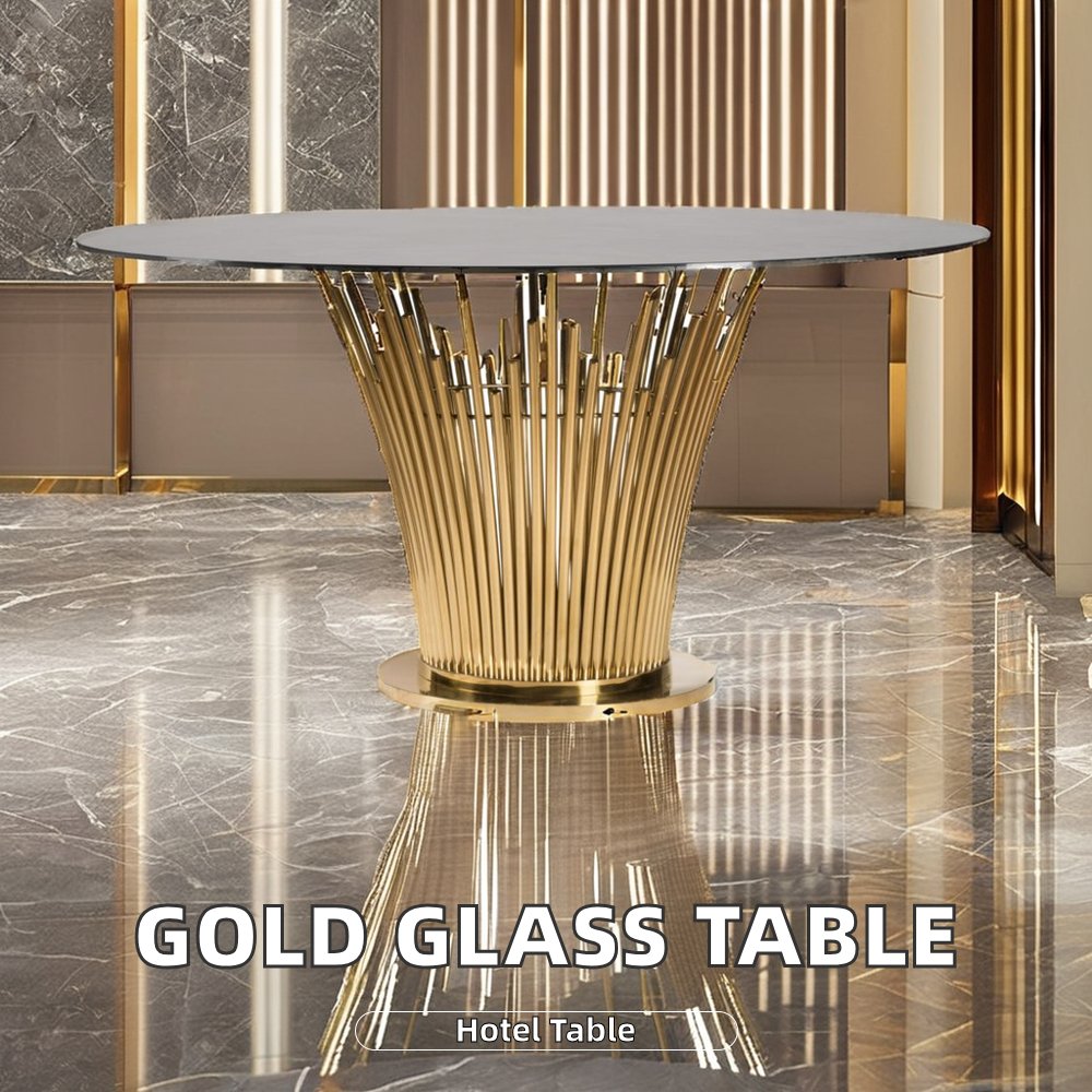 Modern Luxury round Glass Dining Table Stainless Steel with Gold Finish for Weddings Events Parties Banquets Hotels Halls