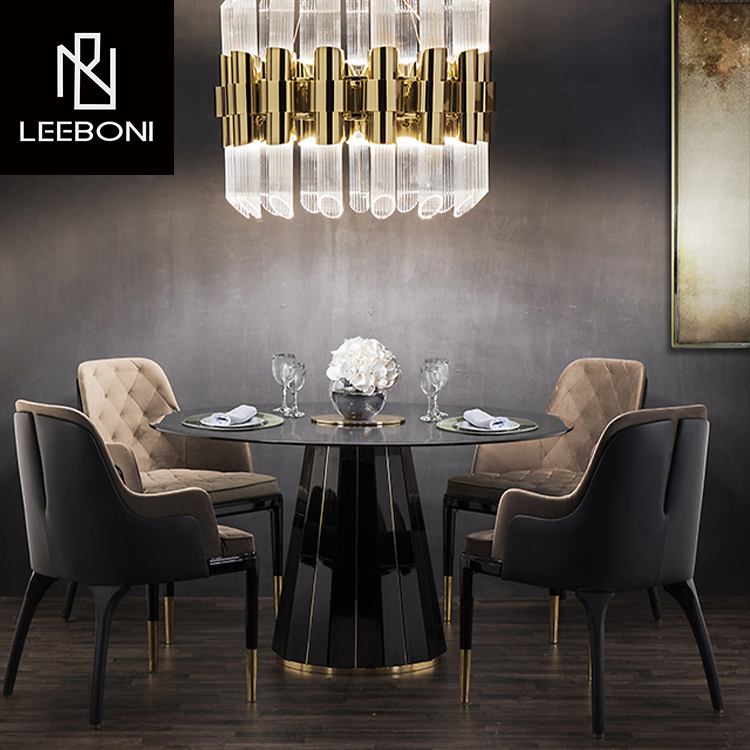 New design high end round black glass top banquet table wooden luxury dining table