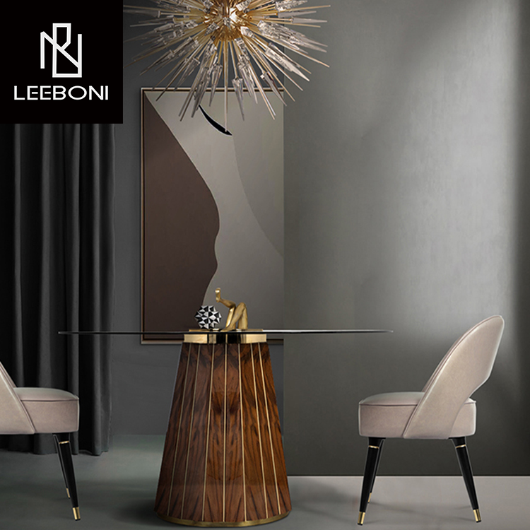 New design high end round black glass top banquet table wooden luxury dining table