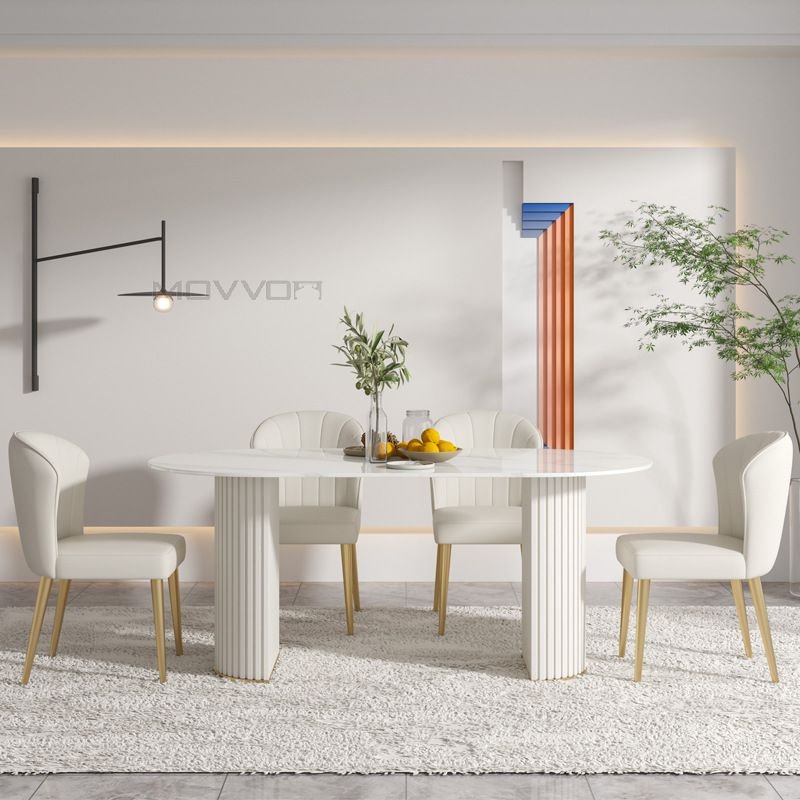 High level Classic Modern Dining Room Furniture white marble oval dining table with wood curve base