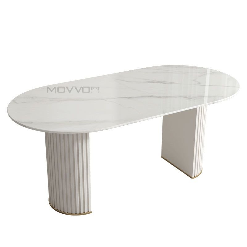 High level Classic Modern Dining Room Furniture white marble oval dining table with wood curve base