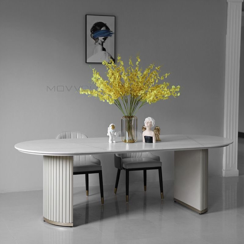 High level Classic Modern Dining Room Furniture white marble oval dining table with wood curve base