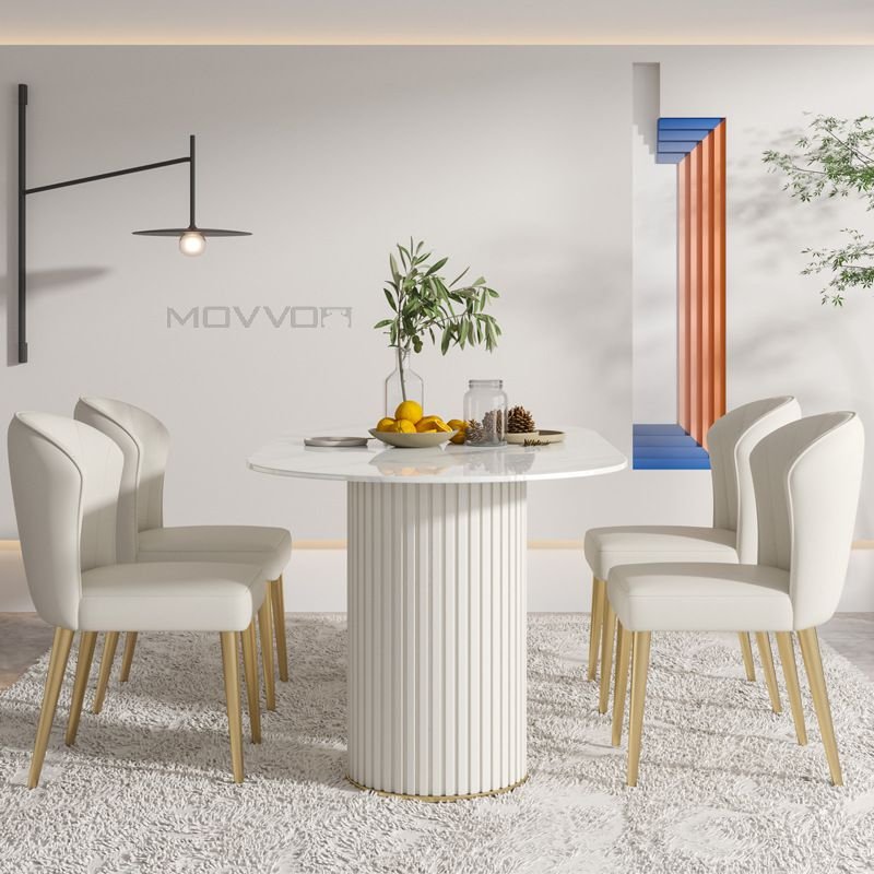 High level Classic Modern Dining Room Furniture white marble oval dining table with wood curve base
