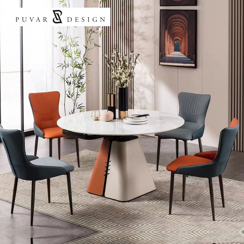 Customized Retractable Folding Design Luxury Hotel Restaurant Furniture White Rock Plate Wooden Modern Round Dining Table