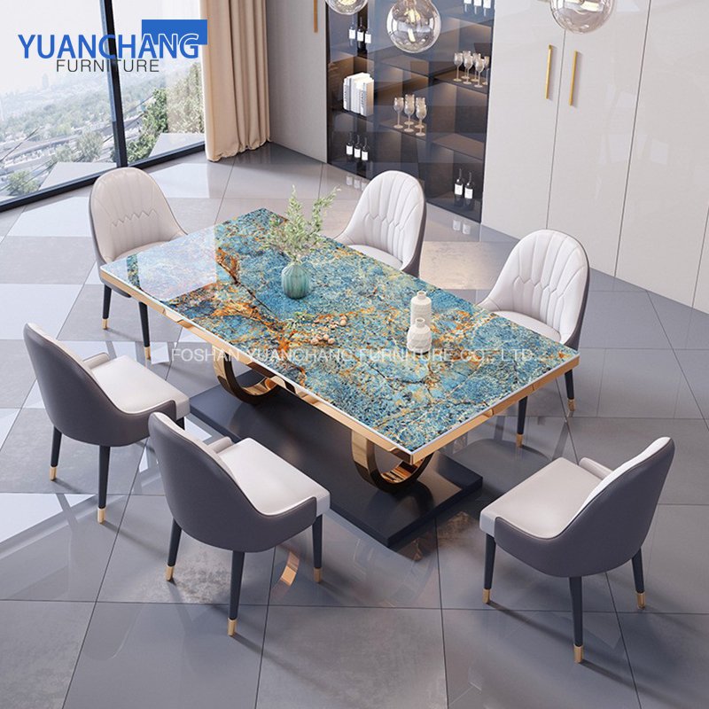 YuanChang golden antique stainless steel modern dining table luxury marble dining tables for dining room