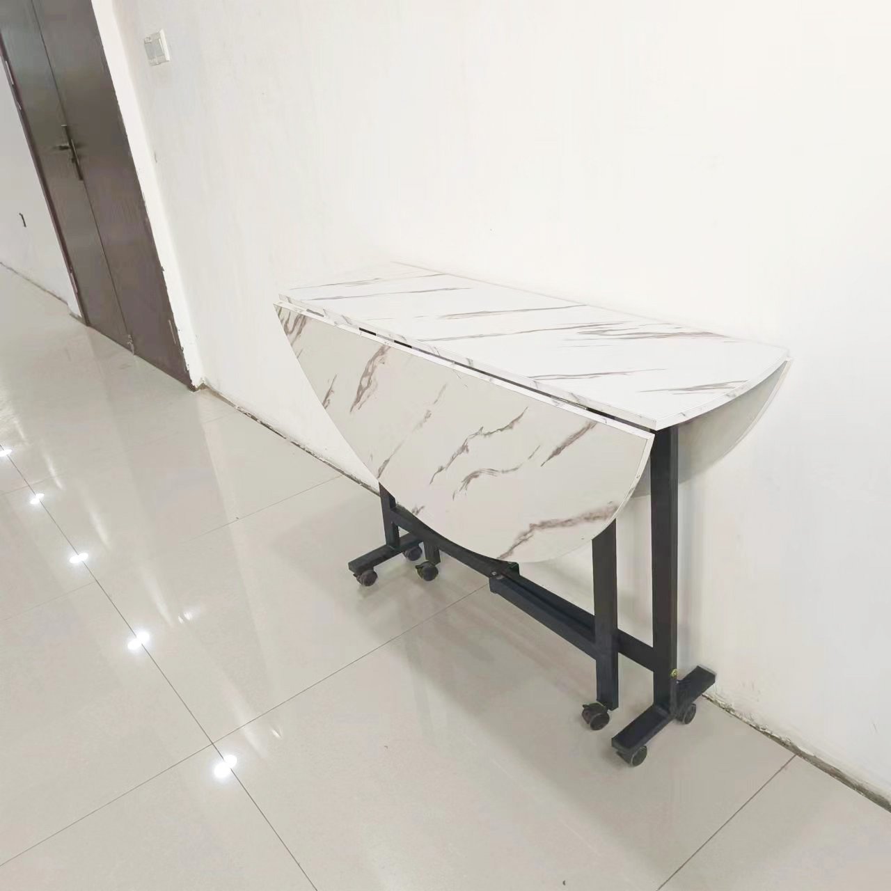 Modern Multifunctional Folding Dining Table with Wooden Panel Top Metal Frame for Small Living Room Movable Household Use Dinner