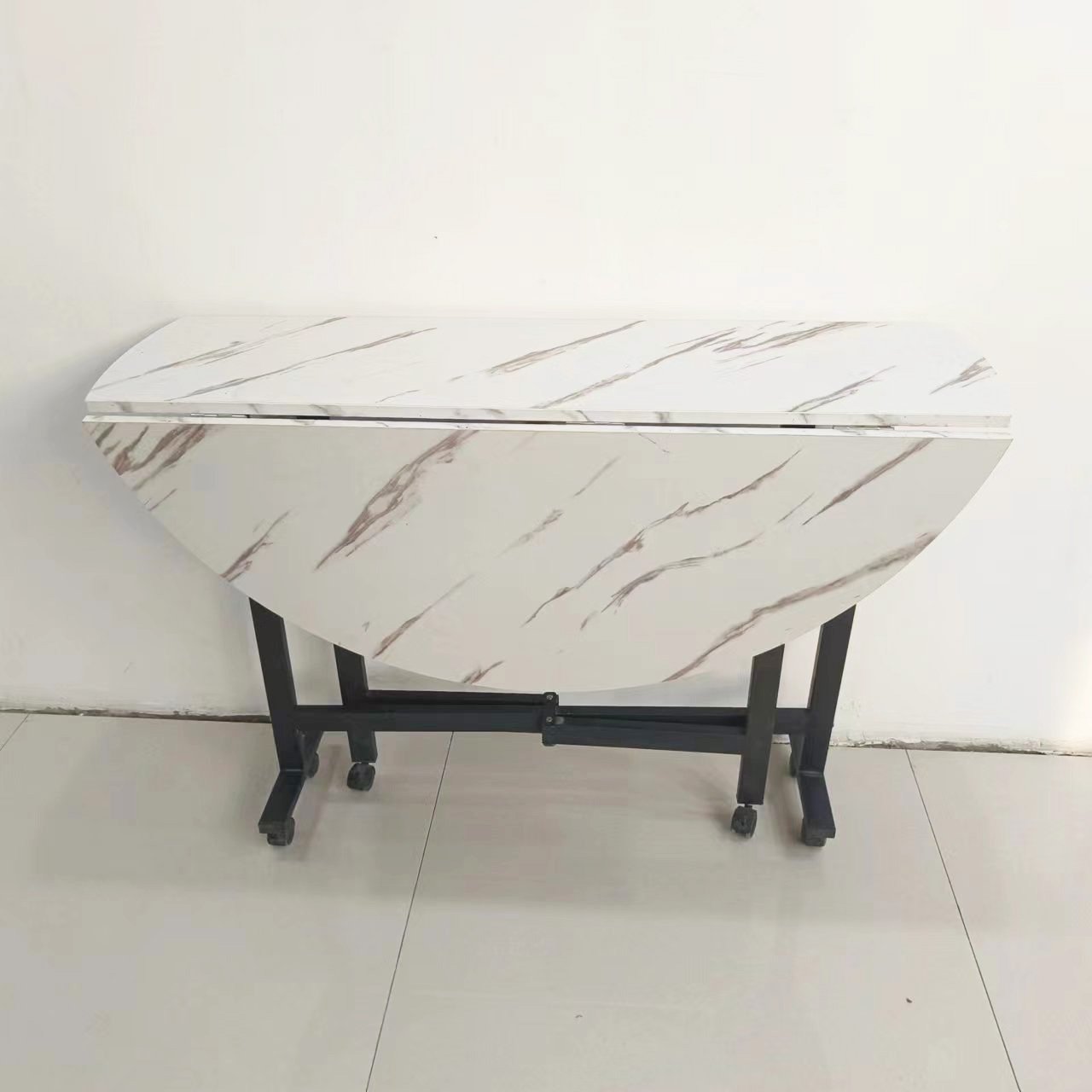 Modern Multifunctional Folding Dining Table with Wooden Panel Top Metal Frame for Small Living Room Movable Household Use Dinner