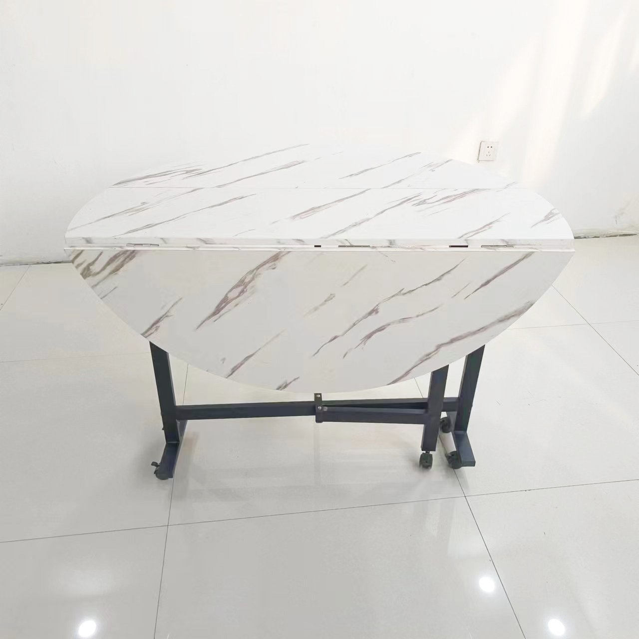 Modern Multifunctional Folding Dining Table with Wooden Panel Top Metal Frame for Small Living Room Movable Household Use Dinner