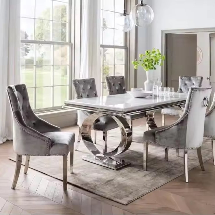 Modern Stainless Steel Dining Table Set - Luxury Marble Top Dining Table with Chairs, Stylish Furniture for Home & Living Room