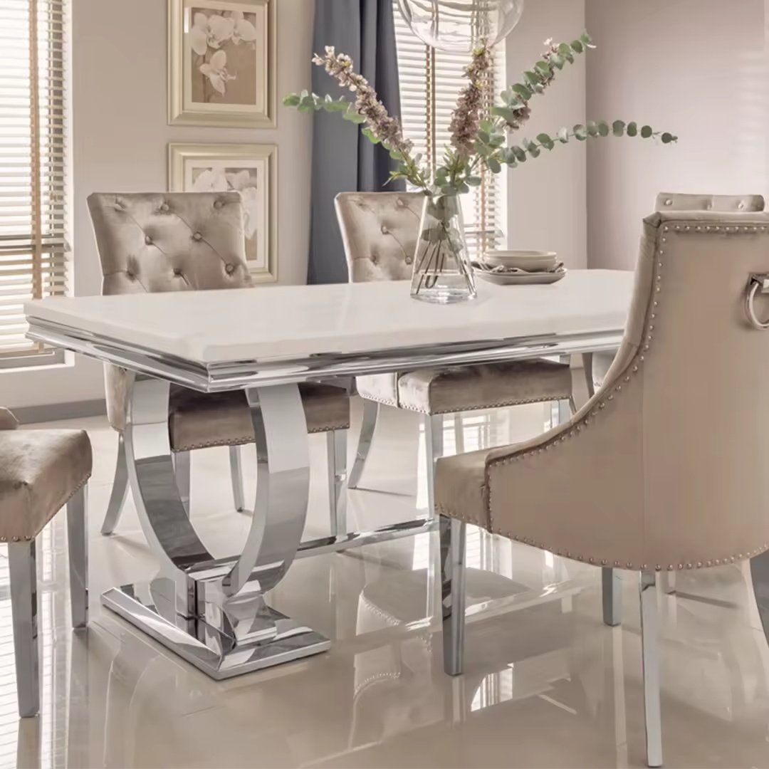 Modern Stainless Steel Dining Table Set - Luxury Marble Top Dining Table with Chairs, Stylish Furniture for Home & Living Room