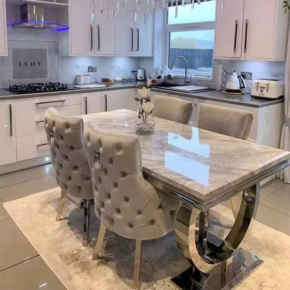 Modern Stainless Steel Dining Table Set - Luxury Marble Top Dining Table with Chairs, Stylish Furniture for Home & Living Room