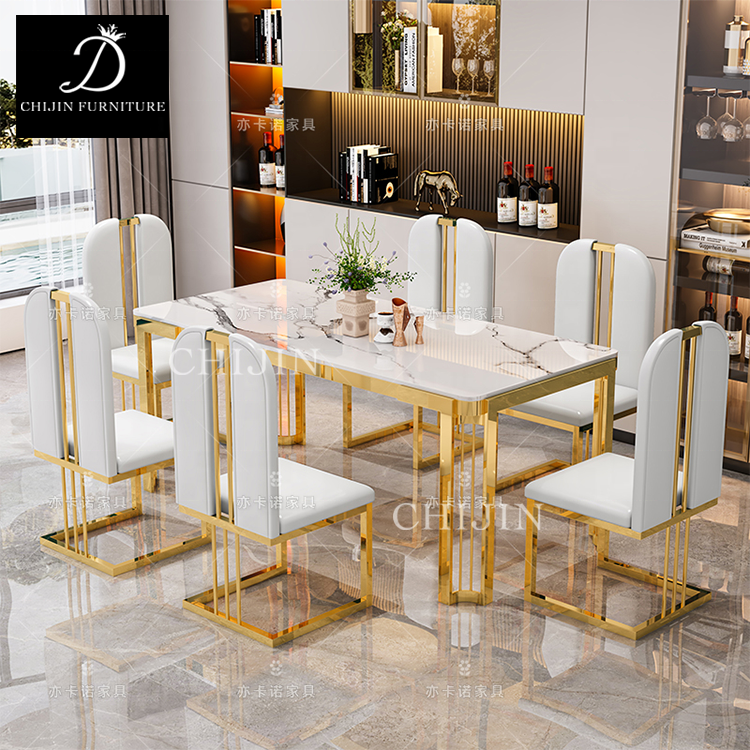 Luxury Stainless Steel Gilded Marble Dining Table Set For 6 Modern Restaurant Long Dining Table Furniture