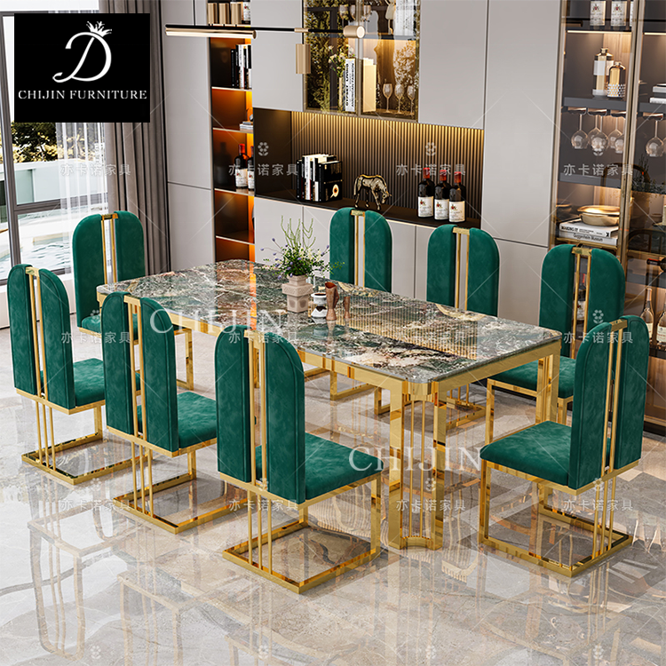 Luxury Stainless Steel Gilded Marble Dining Table Set For 6 Modern Restaurant Long Dining Table Furniture