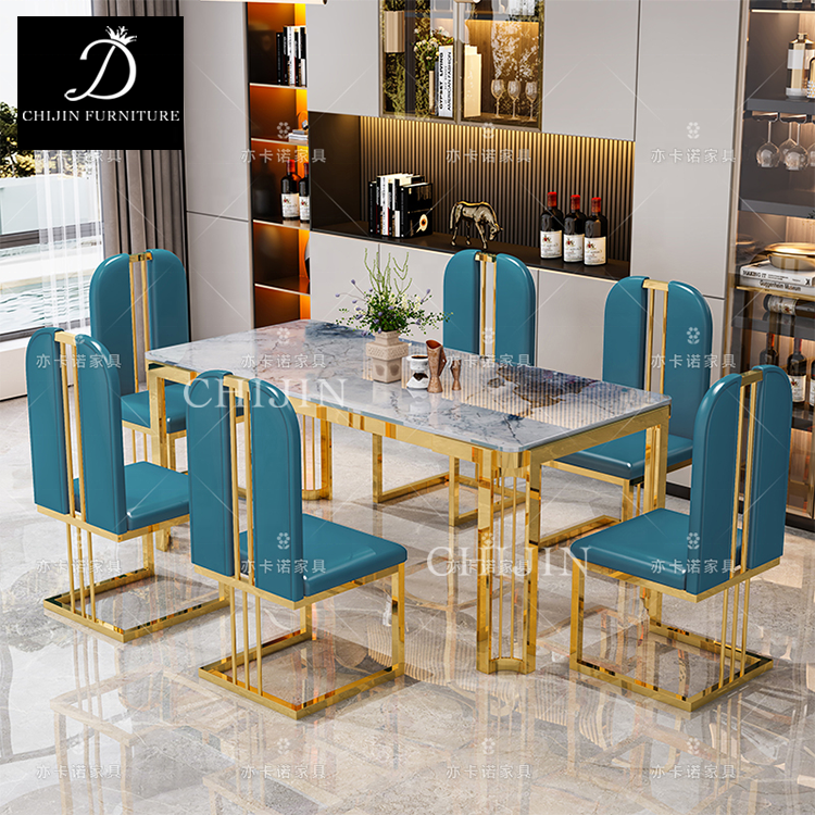 Luxury Stainless Steel Gilded Marble Dining Table Set For 6 Modern Restaurant Long Dining Table Furniture