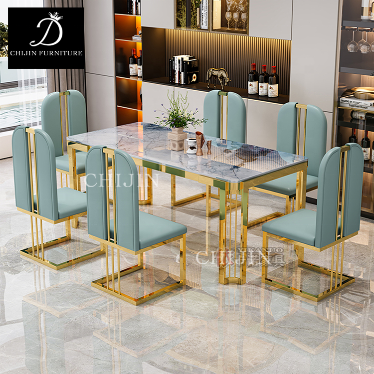 Luxury Stainless Steel Gilded Marble Dining Table Set For 6 Modern Restaurant Long Dining Table Furniture