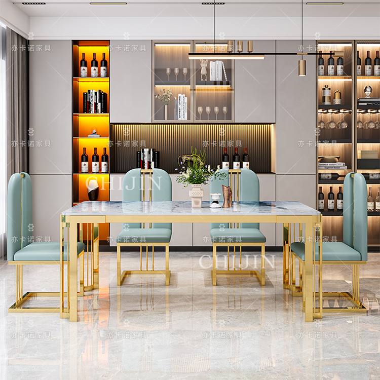 Luxury Stainless Steel Gilded Marble Dining Table Set For 6 Modern Restaurant Long Dining Table Furniture