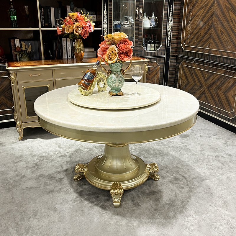 MO LAN French solid wood dining table and chairs European court luxury marble restaurant Champagne color 6 people round table