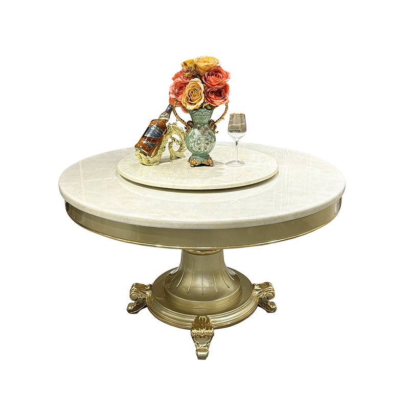 MO LAN French solid wood dining table and chairs European court luxury marble restaurant Champagne color 6 people round table