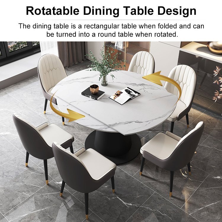 Nordic Luxury Round Shape Extendable marble Dining Table Set With Chairs China retractable Home Furniture For Dinner Room