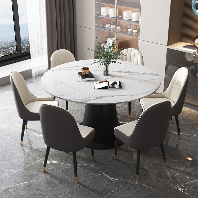 Nordic Luxury Round Shape Extendable marble Dining Table Set With Chairs China retractable Home Furniture For Dinner Room