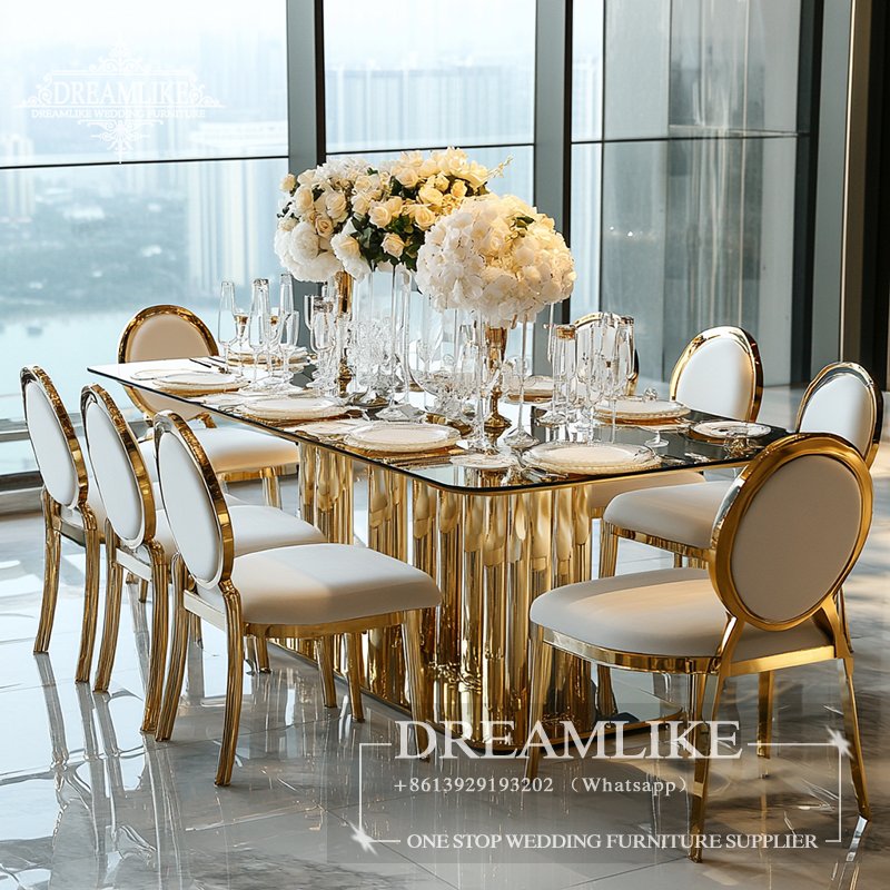 Luxury Wedding Banquet Venue Gold Rectangular Table Design for Events Glass Wedding Table Wedding Furniture