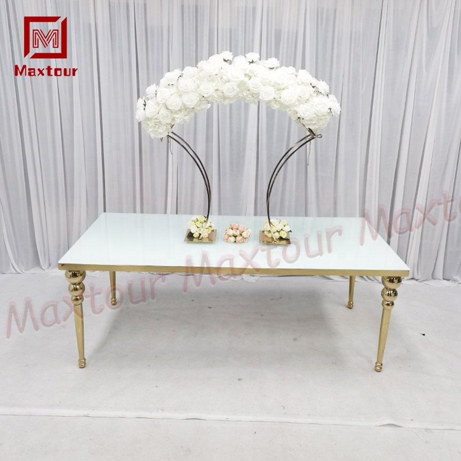 Luxury Long Rectangle Gold Stainless Steel and White Glass Hotel Wedding Dining Table Event