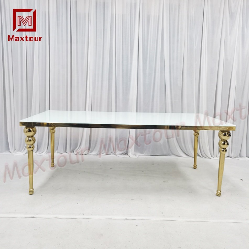 Luxury Long Rectangle Gold Stainless Steel and White Glass Hotel Wedding Dining Table Event