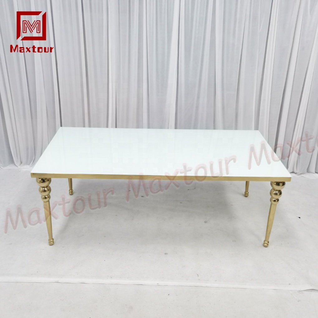 Luxury Long Rectangle Gold Stainless Steel and White Glass Hotel Wedding Dining Table Event