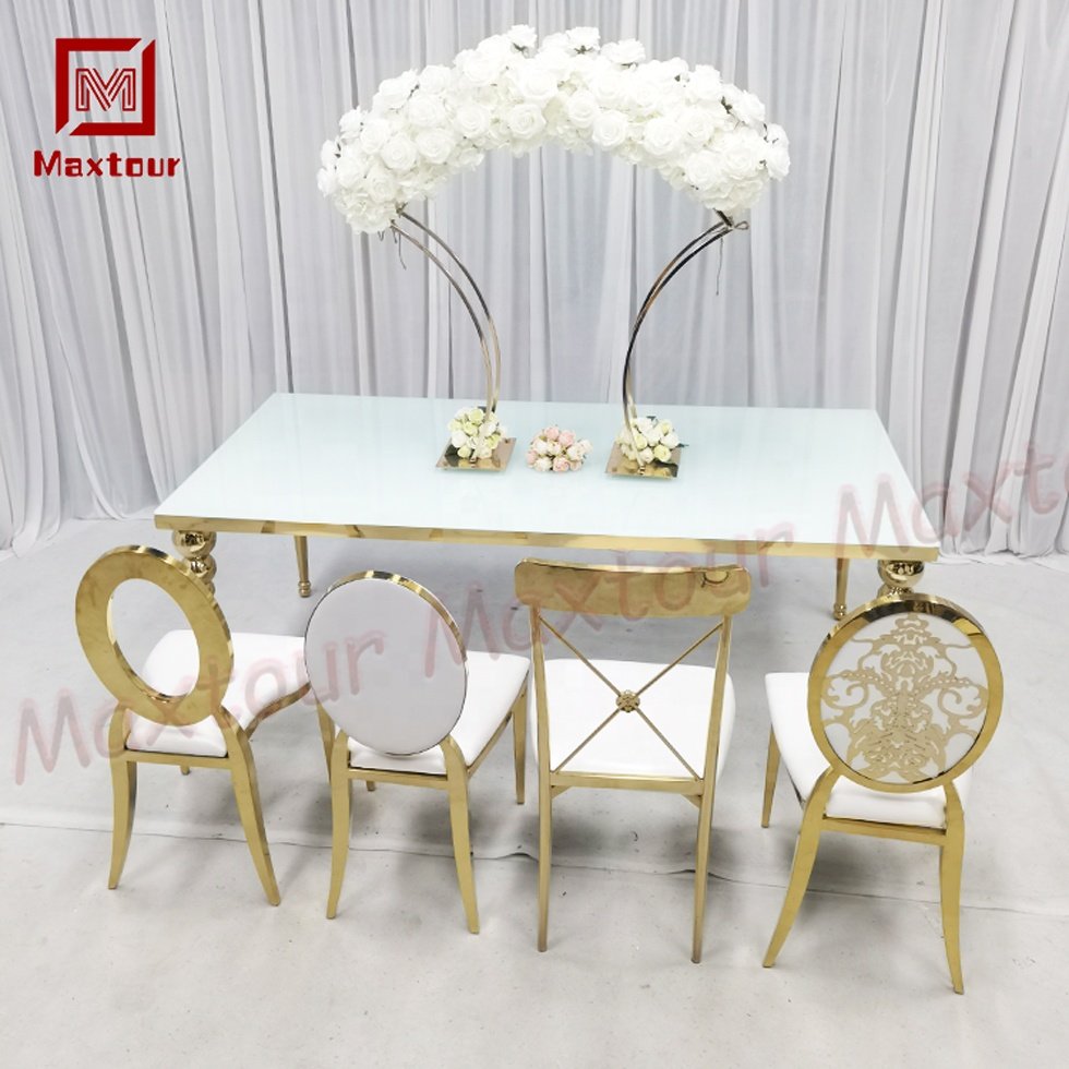 Luxury Long Rectangle Gold Stainless Steel and White Glass Hotel Wedding Dining Table Event
