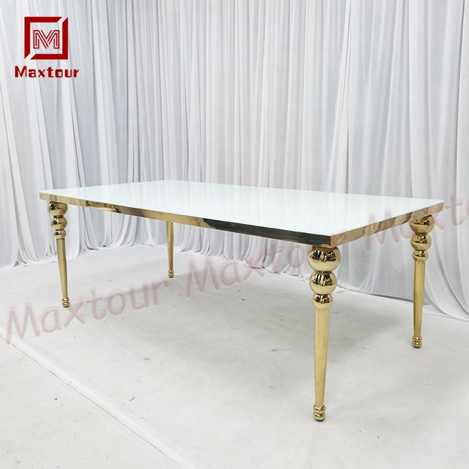 Luxury Long Rectangle Gold Stainless Steel and White Glass Hotel Wedding Dining Table Event