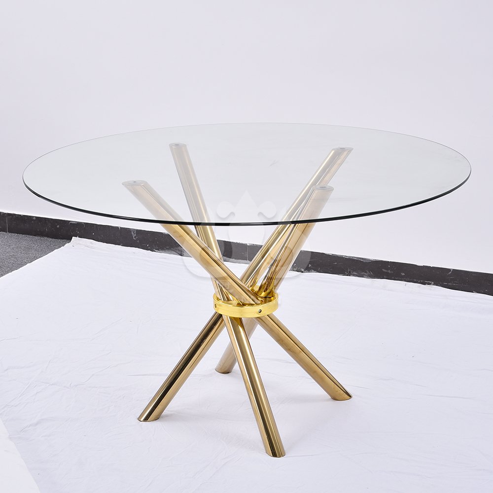 Hotel Modern Elegant Style Luxurious Banquet Table Round Stainless Steel Tempered Glass Dining Table