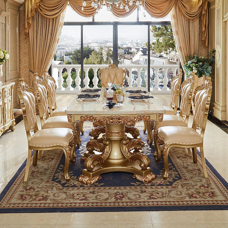 European-style Marble Rectangular Table And Chair Combination Villa Restaurant Household Solid Wood Carving Dining Table Set