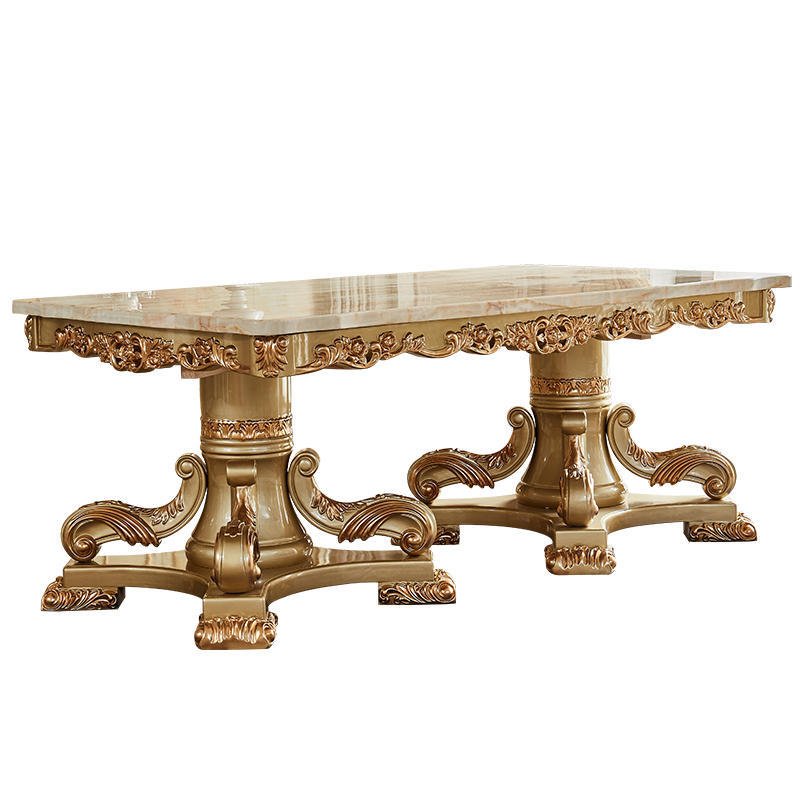 European-style Marble Rectangular Table And Chair Combination Villa Restaurant Household Solid Wood Carving Dining Table Set
