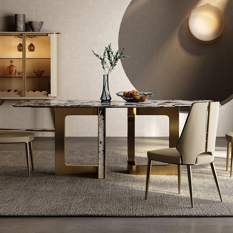 Wabi-sabi rectangular marble dining table deluxe 6-seat stainless steel dining table and chair combination