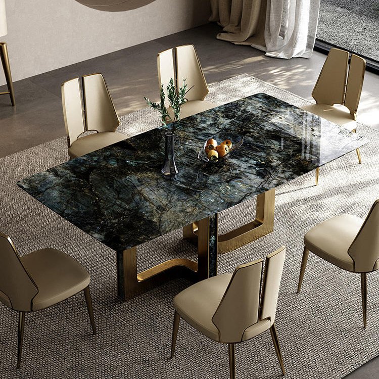 Wabi-sabi rectangular marble dining table deluxe 6-seat stainless steel dining table and chair combination