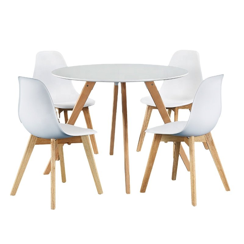 white color round mdf dining table with wood legs