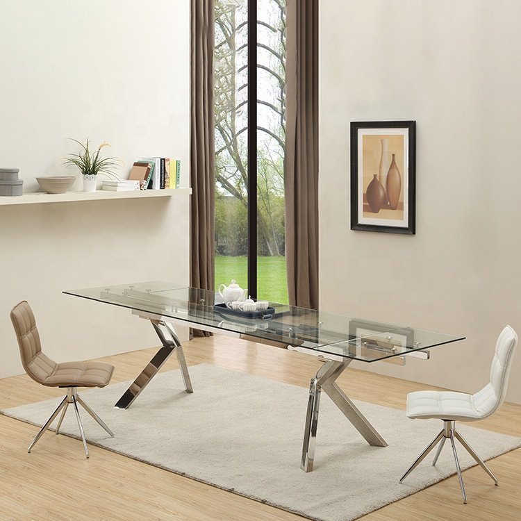 Jinsong Adjustable Width Walnut Oil Painted Poplar Legs 10mm Clear Tempered Glass Extendable Dining Table Set with 4 Seater