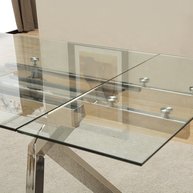 Jinsong Adjustable Width Walnut Oil Painted Poplar Legs 10mm Clear Tempered Glass Extendable Dining Table Set with 4 Seater