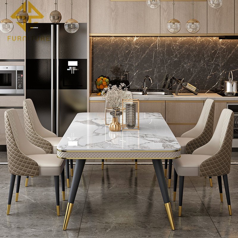 Modern 6 chair white marble dining table sets for home furniture