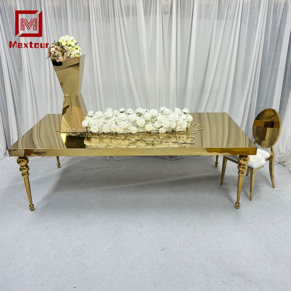 Luxurious Rectangle Mirrored Gold Table for 8 People Stainless Steel Wedding Supplies for Home Office and Weddings