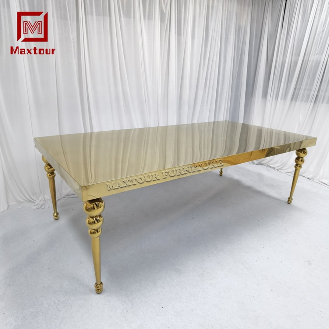 Luxurious Rectangle Mirrored Gold Table for 8 People Stainless Steel Wedding Supplies for Home Office and Weddings