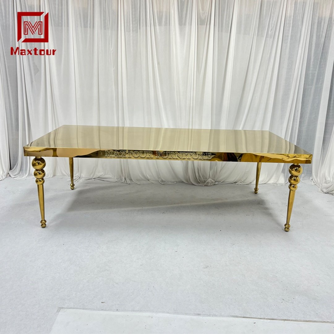 Luxurious Rectangle Mirrored Gold Table for 8 People Stainless Steel Wedding Supplies for Home Office and Weddings