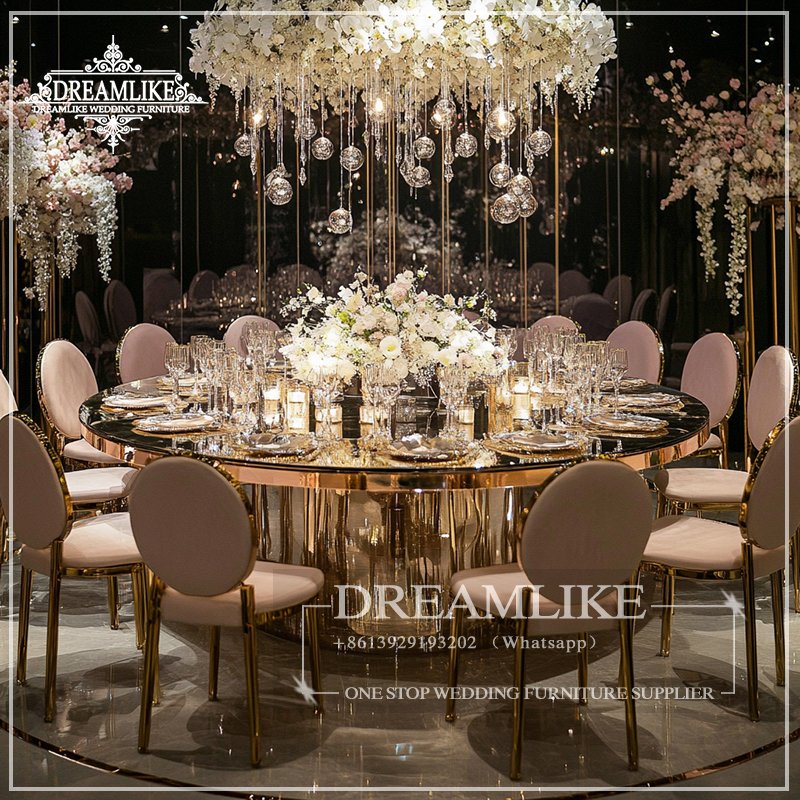 Elegant Gold Stainless Steel Mirror Glass Wedding Table with Metal Base and Events Stainless Steel Dining Table