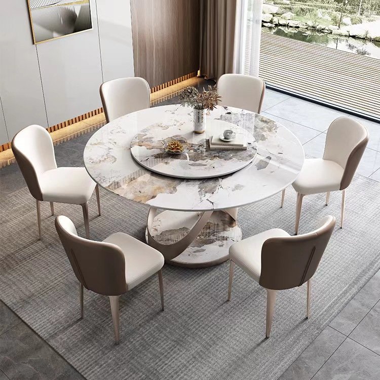 Lightweight Luxury Modern Simple High-End Restaurant Dining Table Set round Slate Top with Turntable for Home or Office Use