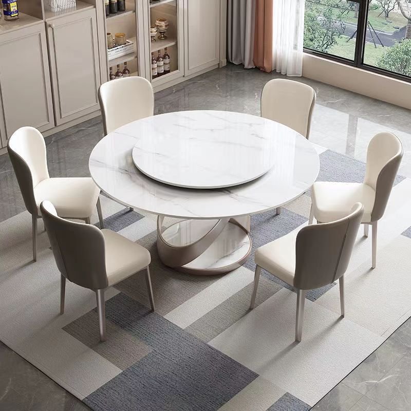 Lightweight Luxury Modern Simple High-End Restaurant Dining Table Set round Slate Top with Turntable for Home or Office Use