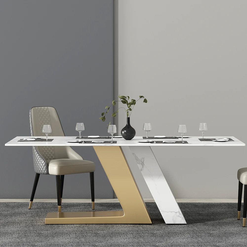 Ccj Modern Furniture Rectangle Stainless Steel 8 Seat Dining Table Dining Room Furniture Sintered Stone Top Custom Dining Table