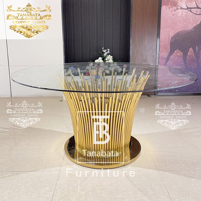 Elegant stainless steel base glass top wedding dinner tables luxurious