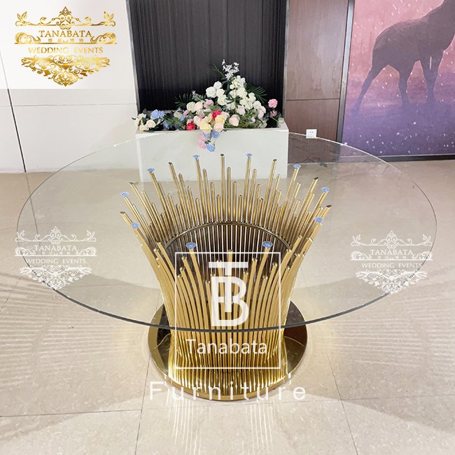 Elegant stainless steel base glass top wedding dinner tables luxurious